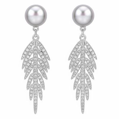18K High End Gold Earrings Feather Pearl Earrings With Full Diamonds