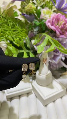 Golden CD Pearl Earrings with 10mm Rectangular Diamond Studs