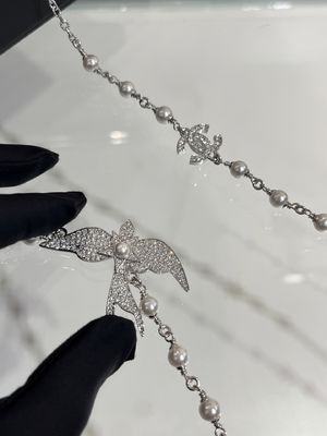 Silver Bird Crystal Pearl Necklace With Double C Design 90-100cm Adjustable Length