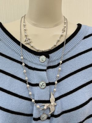 Silver Bird Crystal Pearl Necklace With Double C Design 90-100cm Adjustable Length
