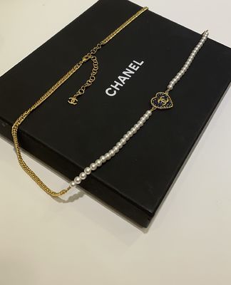 2 In 1 Retro Heart Luxury Pendant Necklace Gold Denim With Pearl Waist Chain