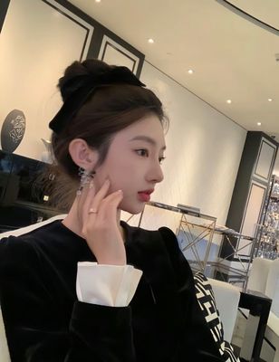 23K Black White Gem Bow Double C Pearl Drop Earrings