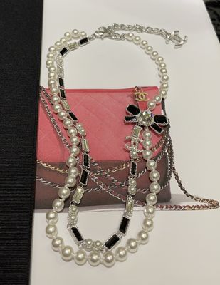 Black White Luxury Pearl Necklace Gem Bow Double Layer 45-50cm Length Luxury Necklaces