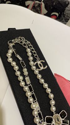Black White Luxury Pearl Necklace Gem Bow Double Layer 45-50cm Length Luxury Necklaces