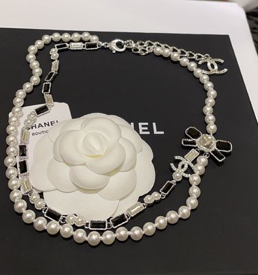 Black White Luxury Pearl Necklace Gem Bow Double Layer 45-50cm Length Luxury Necklaces