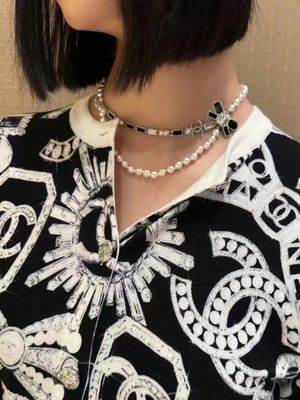 Black White Luxury Pearl Necklace Gem Bow Double Layer 45-50cm Length Luxury Necklaces