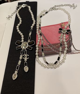 Black White Luxury Pearl Necklace Gem Bow Double Layer 45-50cm Length Luxury Necklaces