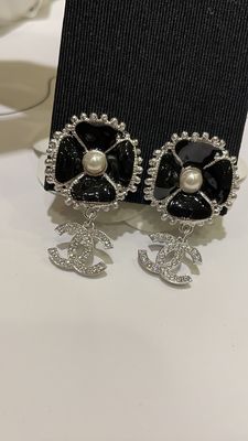 23K Gold Black Enamel Camellia Diamond Double C Drop Earrings