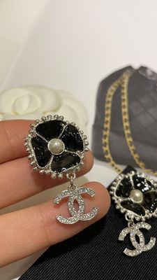 23K Gold Black Enamel Camellia Diamond Double C Drop Earrings