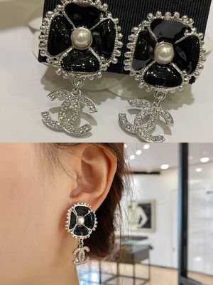 23K Gold Black Enamel Camellia Diamond Double C Drop Earrings