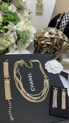 24B Gold Double C Snake Chain Tassel Earrings 18K gold Plated