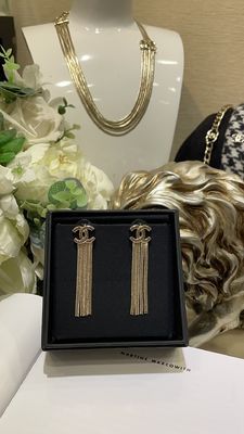 24B Gold Double C Snake Chain Tassel Earrings 18K gold Plated
