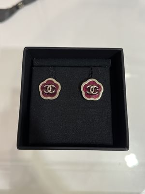 25A Gold Double C Red Enamel Stud Earrings 18K Plated
