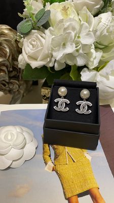 White Enamel Crystal CC Pearl Stud Earrings 18K Gold Plated
