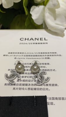 White Enamel Crystal CC Pearl Stud Earrings 18K Gold Plated