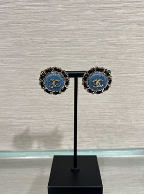 Leather Woven Chain Denim Luxury Clip On Earrings 18K Gold Plated Round Shape