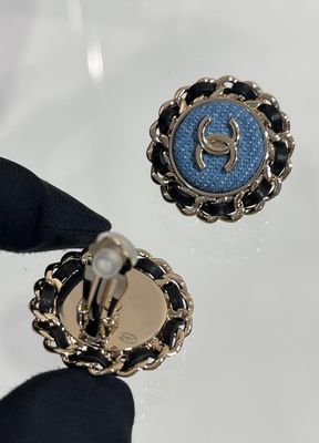 Leather Woven Chain Denim Luxury Clip On Earrings 18K Gold Plated Round Shape
