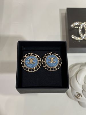 Gold Double C Denim Circle Earrings 18K Plated with Leather Chain