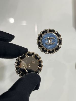 Gold Double C Denim Circle Earrings 18K Plated with Leather Chain