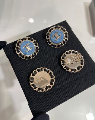 Gold Double C Denim Circle Earrings 18K Plated with Leather Chain
