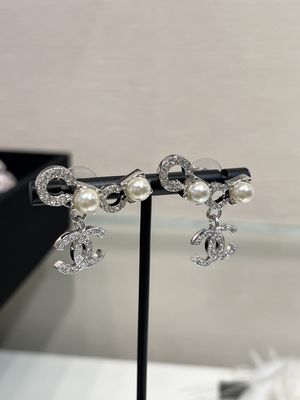 Silver Pearl Crystal Double C Pendant Earrings 18K Gold Plated