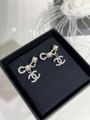 Silver Pearl Crystal Double C Pendant Earrings 18K Gold Plated