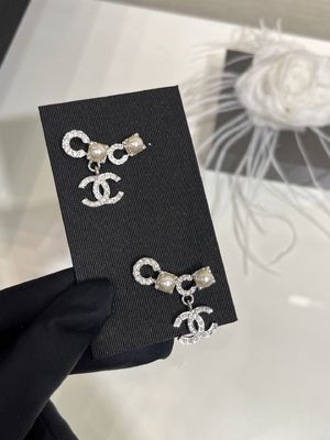 Silver Pearl Crystal Double C Pendant Earrings 18K Gold Plated