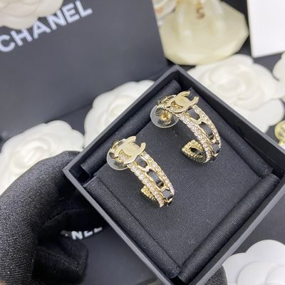 Hypoallergenic CC Logo Earrings Luxury Gold Hoop Earrings With 148 Pieces Diamonds