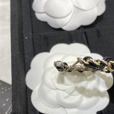 Chan*l-Inspired Luxury Earrings with Lambskin Leather and Double C Design in Light Gold and Black 15-18mm Size