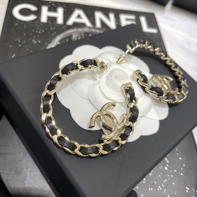 Chan*l-Inspired Luxury Earrings with Lambskin Leather and Double C Design in Light Gold and Black 15-18mm Size