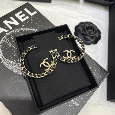 Chan*l-Inspired Luxury Earrings with Lambskin Leather and Double C Design in Light Gold and Black 15-18mm Size