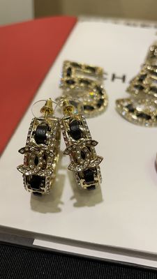 15mm Size Luxury Hoop Earrings Light Gold Sheepskin Leather With Rhinestones