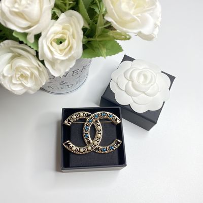 18K Gold Plated Luxury Brooch With Diamond Double C Style In VS1 Clarity