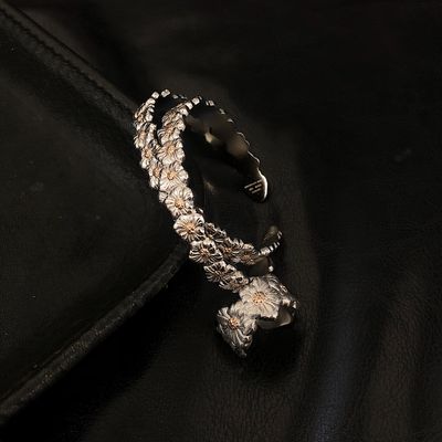 925 Silver Floral Design Bangles Adjustable 6-10.3 Size Flower Silver Bangles For Men Women