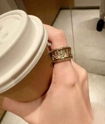 18K Gold Plated Luxury Rings Wide Band Ring Classic With Lettering Fully Paved Diamond Gold Tone