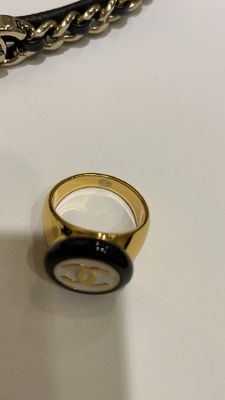 18K Gold Plated Black and White Enamel Panda Ring with Double C Button Design in US Size 6-7-8