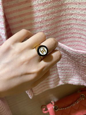 18K Gold Plated Black and White Enamel Panda Ring with Double C Button Design in US Size 6-7-8