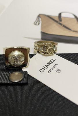 Elegant Full-Rhodium-Plated Light Gold Double C Ring with Swarovsk* Pearl for Formal Wear