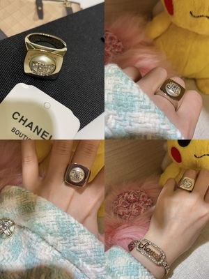 Elegant Full-Rhodium-Plated Light Gold Double C Ring with Swarovsk* Pearl for Formal Wear