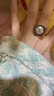 Elegant Full-Rhodium-Plated Light Gold Double C Ring with Swarovsk* Pearl for Formal Wear
