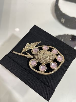 Gold-Tone Fully Crystal-Studded Luxury Brooch with 1 Year Warranty and Elegant Peach Design