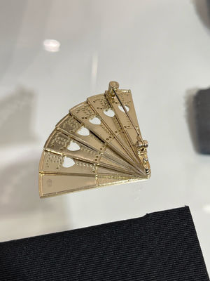 Handmade Brass Fan Brooch with Swarovsk* Diamond and Light Yellow Gold Finish - Elegant Double C Openwork Design