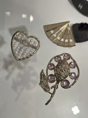 Handmade Brass Fan Brooch with Swarovsk* Diamond and Light Yellow Gold Finish - Elegant Double C Openwork Design