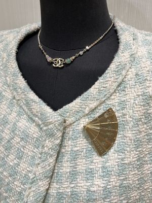 Handmade Brass Fan Brooch with Swarovsk* Diamond and Light Yellow Gold Finish - Elegant Double C Openwork Design