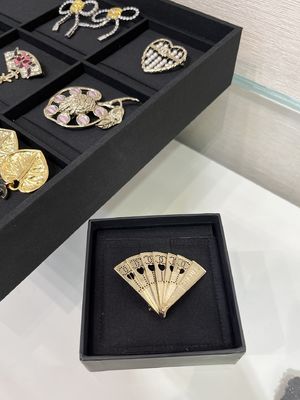 Handmade Brass Fan Brooch with Swarovsk* Diamond and Light Yellow Gold Finish - Elegant Double C Openwork Design