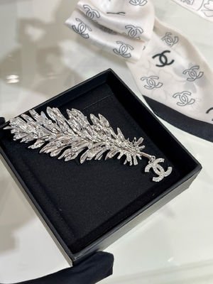 Luxury Diamond Brooch with Double C Pendant and Feather Design Fully Set with Swarovsk* Diamonds