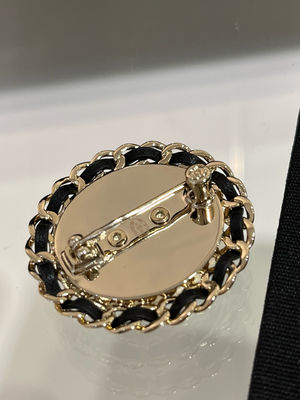 Luxury Brooch with Denim Chain Accent and Double C Circle Design on Brass Base