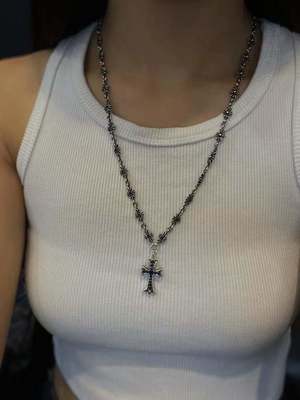 925 Silver Necklace with Blue Zirconia Cross Pendant and 55cm Box Chain