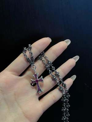 925 Sterling Silver Cross Pendant Necklace with Red Zirconia and 55cm Length