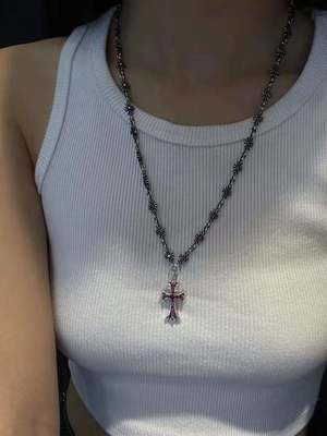 925 Sterling Silver Cross Pendant Necklace with Red Zirconia and 55cm Length